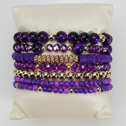7Pcs Bohemia Multilayer Stackable Crystal Beaded Bracelet Set Multicolor Surfer Heishi Clay Gold Beaded Friendship Stretch Bracelets for Women Men Summer Beach Boho Vacation Jewelry Gifts - color: Purple