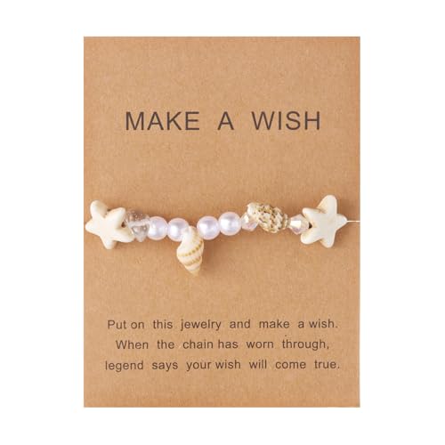 Handmade Natural Shell Starfish Beads Bracelets with a Wish Card Bohemia Sweet Seashell Conch Pearl Charm Bracelets for Women Boho Sea Themed Summer Beach Surfer Vacation Jewelry Gifts - style: StyleI