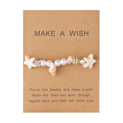 Handmade Natural Shell Starfish Beads Bracelets with a Wish Card Bohemia Sweet Seashell Conch Pearl Charm Bracelets for Women Boho Sea Themed Summer Beach Surfer Vacation Jewelry Gifts - style: StyleI