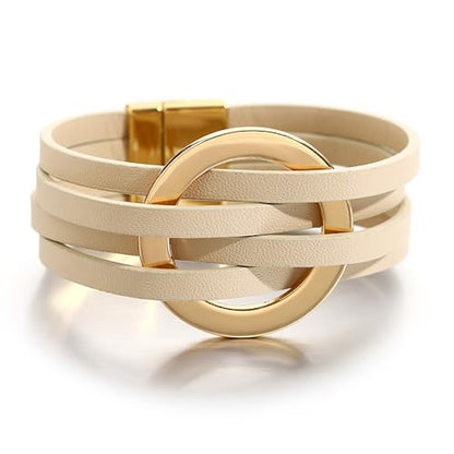 hotoo Circle Charm Bracelets for Women Handmade Leather Wrap Bracelets for Couples Friendship Bracelet Bohemian Cuff Bangle Boho Jewelry Gift - color: New Khaki