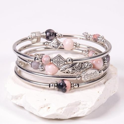 Boho Wrap Beaded Bracelet for Women – Handmade Natural Stone Jewelry – Stainless Steel Adjustable Ethnic Chic Gift - color: Pink Zebra Jasper Stone