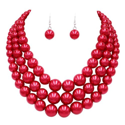 Rosemarie & Jubalee Women's 3 Colorful Multi Strands Simulated Pearl Necklace And Earrings Jewelry Gift Set, 18"+3" Extender - color: Metallic Red Silver Tone