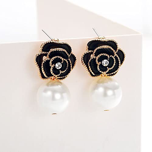 Fashion Design Faux Pearl Charm Flower Dangle Drop Earrings Studs For Women - color: Black