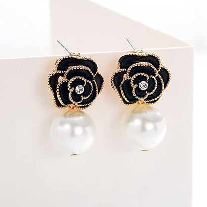 Fashion Design Faux Pearl Charm Flower Dangle Drop Earrings Studs For Women - color: Black