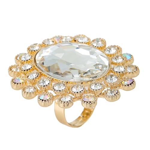 PINK TOWN Vintage Rhinestone Glass Finger Rings,Fashion Crystal Adjustable Open Wrap Knuckle Ring Boho Big Oval Stackable Rings Statement Ring Engagement Wedding Cocktail Party Rings Jewelry - color: White