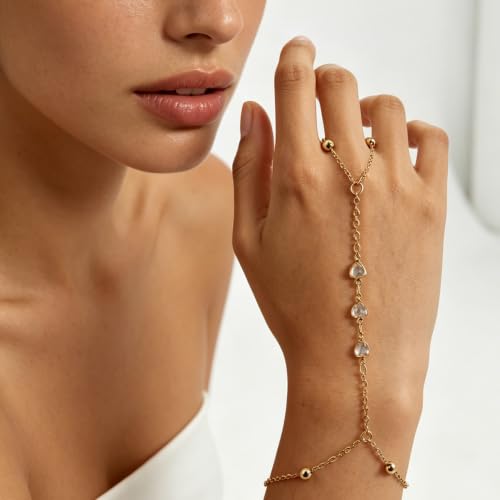 DELUU 7Pcs Gold Plated Hand Chain Bracelet for Women,Stack Bracelet Set | 14K Gold Plated,Adjustable Hand Chain,Ring Bracelet,Comfortable and Smooth,Sturdy and Durable,Daily Wear for Trendy Women