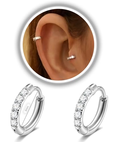CZ Huggie Earrings for Women, Stainless Steel Hinged Small Hoop Earrings, Select Sizes, Colors and Sets for Cartilage Helix Lobe Ear Stack Jewelry - color: Silver, size: 6mm (THK:1.6mm)