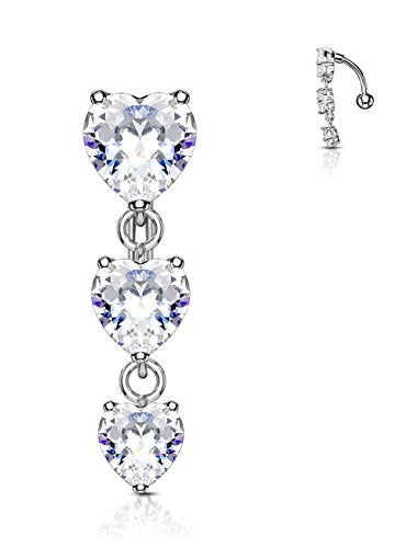 Forbidden Body Jewelry Surgical Steel Sexy Dangle Reverse Mount Triple CZ Vertical Drop Belly Button Ring - color: Steel, Heart CZs