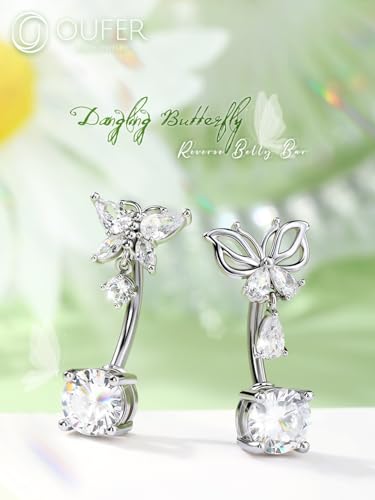 OUFER Belly Button Rings, Butterfly Belly Rings, 316L Surgical Steel Navel Rings, Clear CZ Belly Piercing Jewelry, Dangle Belly Rings For Women Men