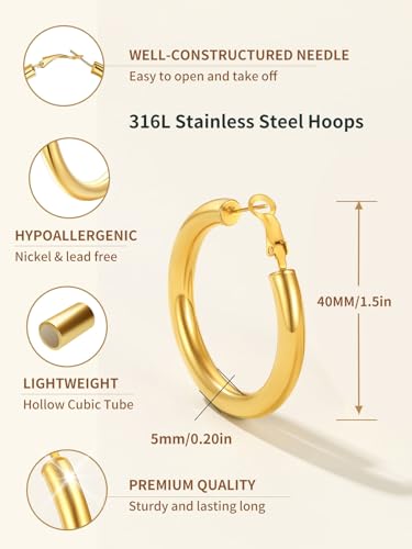 FindChic Hoop Earrings for Women, Silver/Black/14K Gold Plated Hypoallergenic Hollow Round Tube Loop Earrings, 20mm/30mm/40mm/60mm/80mm Chunky Hoops with Custom Name Options & Gift Box - color: c.Gold, size: 40MM