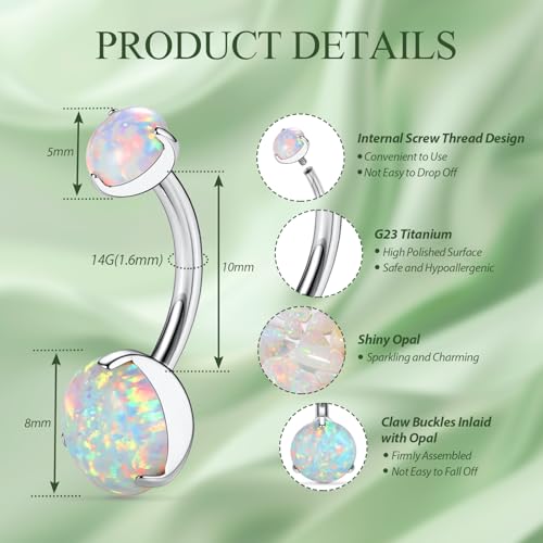 FUNLMO 14G Belly Button Ring Titanium Belly Button Piercing Belly Ring Internally Threaded Navel Piercing Jewelry - color: Silver-White Opal