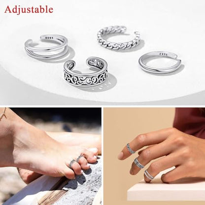 ChicSilver Toe Rings for Women 925 Sterling Silver Adjustable Toe Ring | 925 sterling silver, hypoallergenic for sensitive skin, adjustable open band, summer beach wear gift - color: N: Different Styles(4PCS)