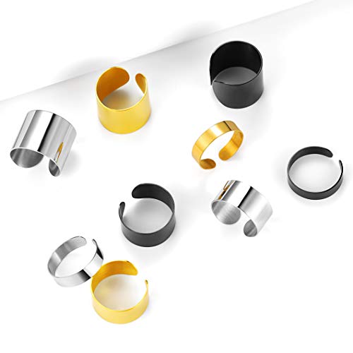 Stainless Steel Open Band Ring for Men Women 18K Gold/Black Plated Brush/Smooth Surface Rings Set Minimalist Jewelry(with Gift Box) - color: 08-Steel Smooth Ring Set