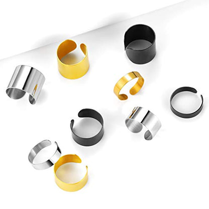 Stainless Steel Open Band Ring for Men Women 18K Gold/Black Plated Brush/Smooth Surface Rings Set Minimalist Jewelry(with Gift Box) - color: 08-Steel Smooth Ring Set