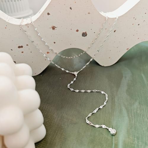 Airmb Lariat Silver/Gold Necklace for Women 925 Silver/14K Gold Plated Dainty Long Necklace Y-Shaped Drop Pendant Necklaces Choker Trendy Chain Simple Layered Necklaces CZ Jewelry for Women Set Gift