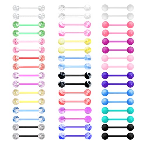 48Pcs 14G Flexible Acrylic Straight Tongue Barbell Candy Color Tongue Piercing Jewelry for Women Men 16mm Bar