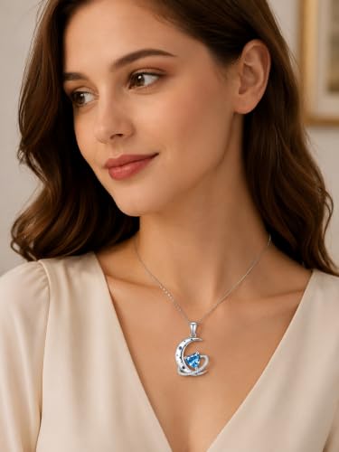 Birthstone Necklace for Women White Gold Moon and Star Pendant Moon Jewelry Anniversary Birthday Gifts for Mom Wife Her - color: 12. December - Blue Topaz