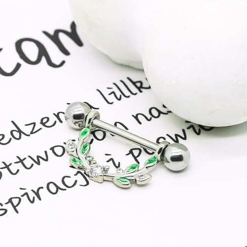 2pcs 14G Nipple Rings Flower Nipple Bars Surgial Steel 316L Nipple Piercing Jewelry Heart Nipple Barbell for Women - color: GREEN round