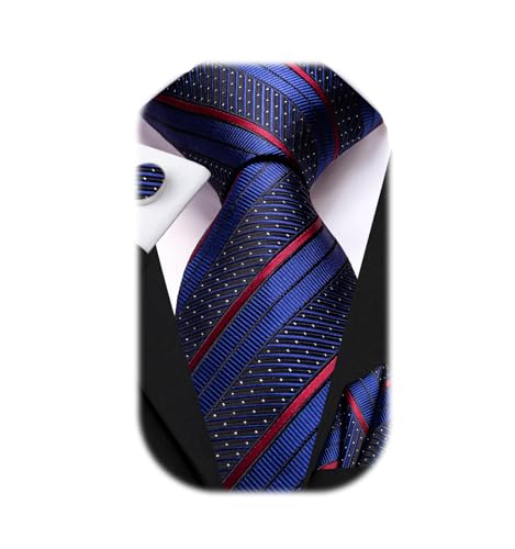 Dubulle Mens Paisley Striped Tie Woven Necktie for Men and Handkerchief Cufflinks Set Wedding Formal Business - color: Dark Blue Red