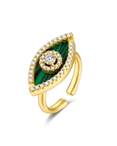 SNGIA 18K Gold Plated Adjustable Open Ring for Women Natural Stone CZ Statement Ring Tiger Eye Emerald Ruby Lapis Black Onyx Turquoise Evil Eye Boho Stackable Cocktail Ring Birthday Gift Jewelry - style: Malachite, Evil Eye