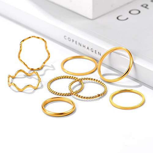 PROSTEEL Stainless Steel Rings Set, Women's Plain Band Knuckle Stacking Midi Rings Comfort Fit, Silver/Gold/Rose Gold/Black Tone, Multi Size #4-#12 - color: D: 8 pcs-gold