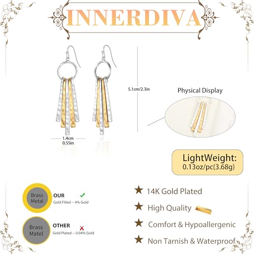 Antique Gold Hammered Disc Drop Earrings Boho Earrings with Two Tone Jewelry Gift - color: AMZ-EH21327A