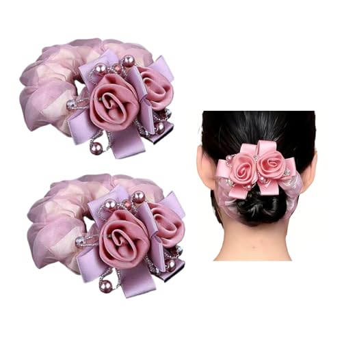 Satin Hair Scrunchie with Rose Flower, Brown and Gold, Pearl Beads, Ribbon Bow, Hair Tie Accessory, 9cm (pink) - color: pink