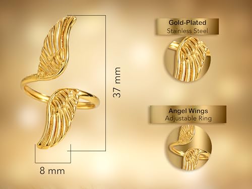 AeraVida Gold-Plated Stainless Steel Feather Angel Wings Adjustable Ring Size 7-9, Minimalist Open Band Ring, Polished Fashion Jewelry, Symbolic Everyday Ring for Women