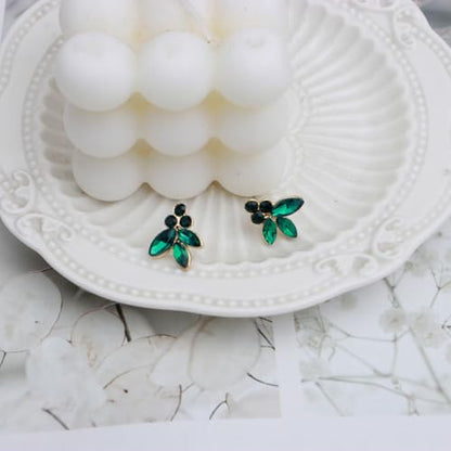 Bridal Wedding Crystal Leaf Choker Necklace Dangle Earring Bracelet Brides Bridesmaid Jewelry Set for Women - color: Emerald-Gold Plated
