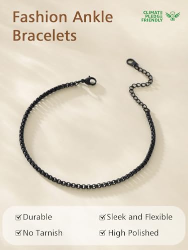 FindChic Stainless Steel Ankle Bracelets for Women, Waterproof Figaro/Cuban/Box/Beaded Chain Anklets, Summer Beach Foot Jewelry, 8.5''-10.5'' Adjustable Length, with Gift Box - style: Box Chain-Black