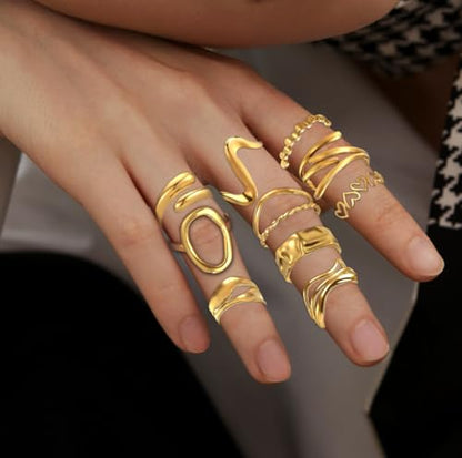 12PCS Gold Chunky Rings for Women Non Tarnish 18K Gold Plated Thick Round Adjustable Stackable Rings Open Stacking Knuckle Statement Ring Set Gifts