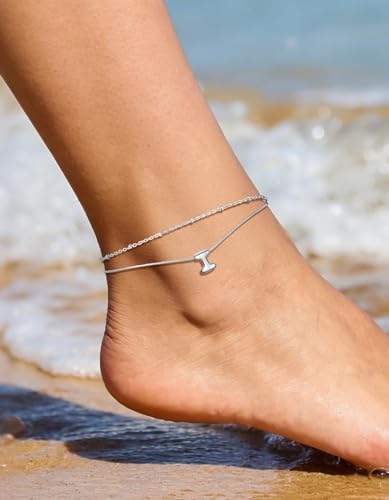 ChainsHouse Initial Ankle Bracelets for Women Waterproof, 14K Gold Plated Layered Initial Anklets Non Tarnish, Adjustable Stainless Steel Women's Ankle Summer Beach Foot Jewelry - color: Stainless Steel, size: Initial I