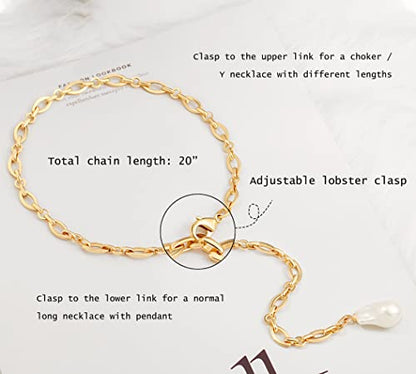 18k Gold Plated Chain Link Necklace for Women, Baroque Pearl/Compass Pendant Necklace - color: Y-necklace Baroque