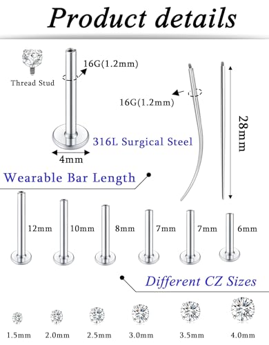 6Pairs 18K Gold Plated Internally Threaded Nose Piercing Studs Stainless Steel Lip Studs CZ Flat Back Stud Earrings Nostril Labret Conch Cartilage Earrings Helix Tragus 6/7/7/8/10/12mm 16G 18G - color: Silver, size: 16G