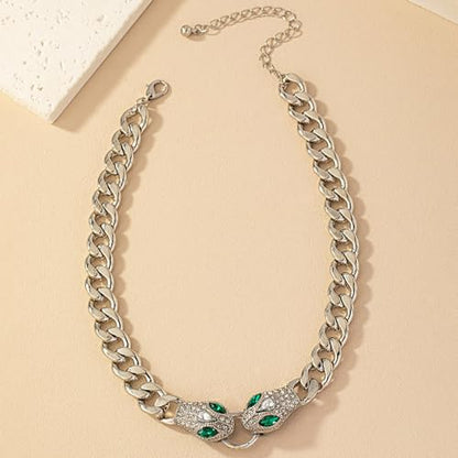 Punk Animal Snake Choker Necklace Hip Hop Rhinestone Snake head Cuban Link Chain Necklace Chunky Cuban Chain Crystal Jewelry for Women Gifts - color: Style A Silver