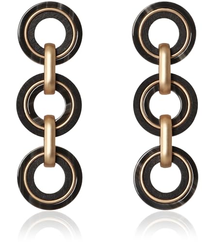 Ozel - Natural Wooden Acrylic Boho Drop Dangle Earrings for Women - Geometric Statement Jewellery - Brown, Black, Magent Red, Olive Green, White beige - color: 3Circle_Black