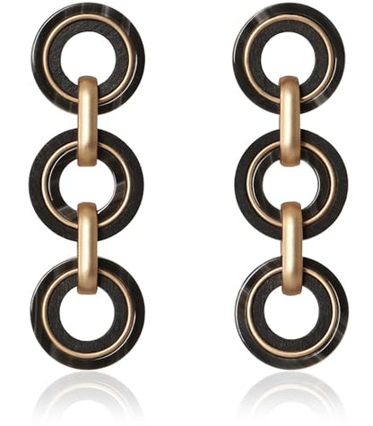 Ozel - Natural Wooden Acrylic Boho Drop Dangle Earrings for Women - Geometric Statement Jewellery - Brown, Black, Magent Red, Olive Green, White beige - color: 3Circle_Black