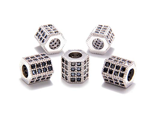AD Beads Zircon Pave Rhinestones Big Hole Hexagon Spacer Beads 7x8mm 5Pcs Black on Silver - color: 5 Pcs Black on Silver Hexagon (7x8mm)