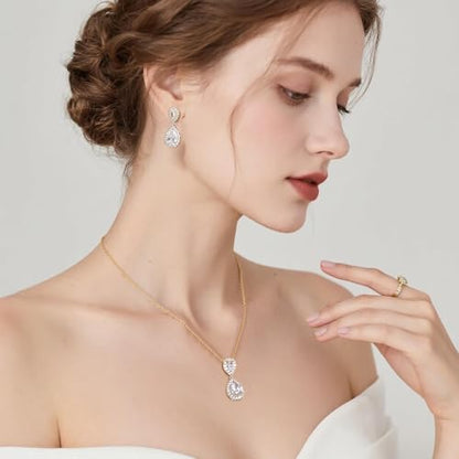 Bridal Jewelry Set for Women, Cubic Zirconia Teardrop Bride Bridesmaid Necklace and Earrings Set for Wedding Prom Formal - color: 14K Gold