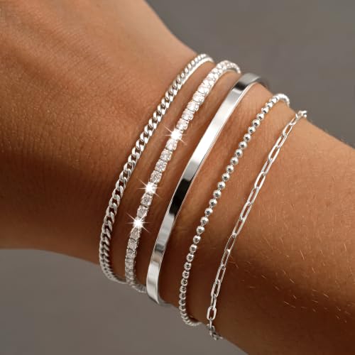 Dainty Gold Bracelet for Women Trendy Non Tarnish, Thin Bracelets Stackable Set with Bangle Cuff, Box, Herringbone, Paperclip, Figaro, Sparkling Link Chains Waterproof, Simple Jewelry Gifts for Women - color: Silver-tennis/cuban/bangle/paperclip/Beaded
