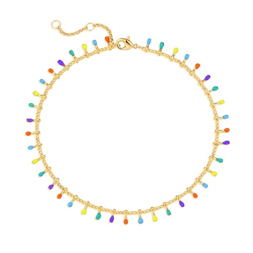 Gold Anklets for Women 14K Gold Plated Tiny Bead Anklet Colorful Tassel Foot Chain Dainty Adjustable Cute Summer Beach Boho Anklets Jewelry Gift - color: colorful tassel