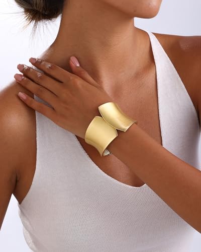 Bangle Bracelets for Women | 14K Gold Plated Trendy Wide Bracelets | Hinged Arm Cuff Bangles Chunky Bracelet for Women - color: Style H-Matte Gold Plated Bangles