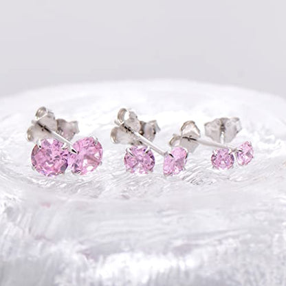 3 Pairs Color Zirconia Earrings Studs, Sterling Silver Studs Earrings Set 3MM 4MM 5MM - color: Pink