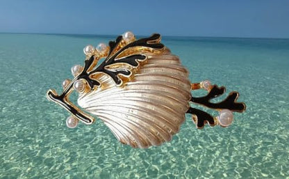 Silver Seashell Brooch Pin with Coral Enamel & Faux Pearls – Silver Plated Ocean Theme Statement Brooch, Nautical Beach Jewelry Gift for Women
