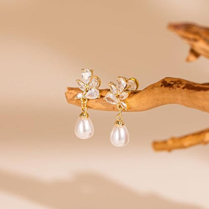 Pearl Earrings - 14K Gold/White Gold/Rose Gold Plated Cubic Zirconia CZ Diaomond Accented Pearl Drop Dangle Earrings for Women Wedding Bridal Prom - color: Leaf drop