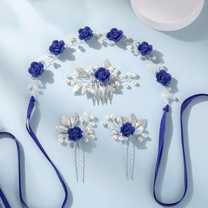 Wedding Hair Accessories Hair pieces Set Crystal bridal hair pins Rhinestone Pearl hair comb Brides and Bridesmaids, Girls, Women(（4PCS/SET BLUE) - color: blue