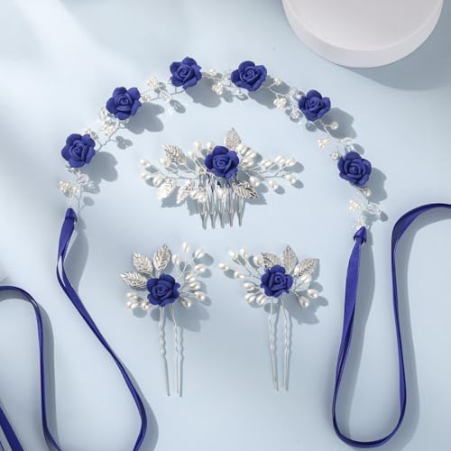 Wedding Hair Accessories Hair pieces Set Crystal bridal hair pins Rhinestone Pearl hair comb Brides and Bridesmaids, Girls, Women(（4PCS/SET BLUE) - color: blue