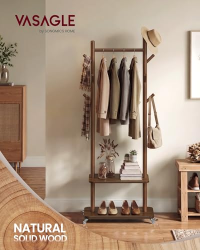VASAGLE Freestanding Coat Rack Stand with 7 Hooks, 2 Shelves, 4 Removable 360° Swivel Wheels, Wooden Hooks and Pole, for Entryway, Bedroom, Living Room, Walnut Brown URCR053KJ01 - color: Walnut Brown, style: Minimalist