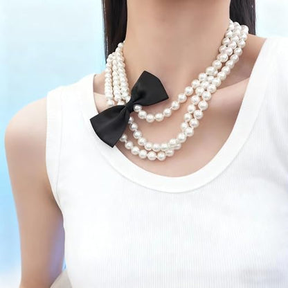Long Pearl Necklace for Women 59" Faux White Pearls Necklaces Black Bow Pearl Beads Necklace 1920s Statement Bride Wedding Jewelry Gifts - color: Black Bow Pearl Necklace