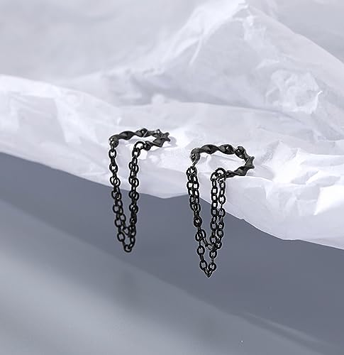 Reffeer Solid 925 Sterling Silver Cuff Earrings Chain Cartilage Wraps for Women Teens Minimalist Cuff Earrings No Piercing - color: C-Black